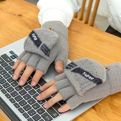 Winter Men's Half Fingerless Flip Gloves Plus Velvet Thick Gloves