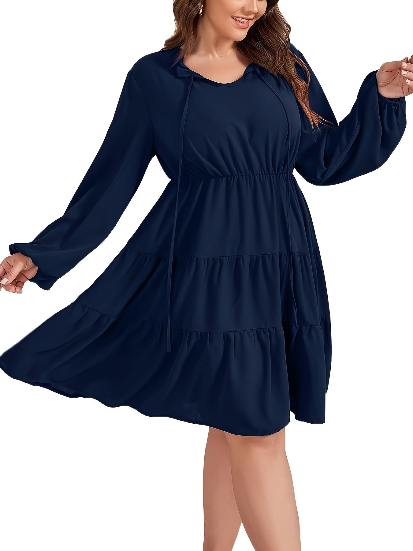 Casual Dress Women's Solid Long Sleeve Round Neck Smock Tie Dress