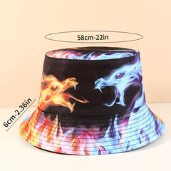 Ice Fire Dragon Bucket Hat Hip Hop Block Printed Unisex Basin Hat Reversible