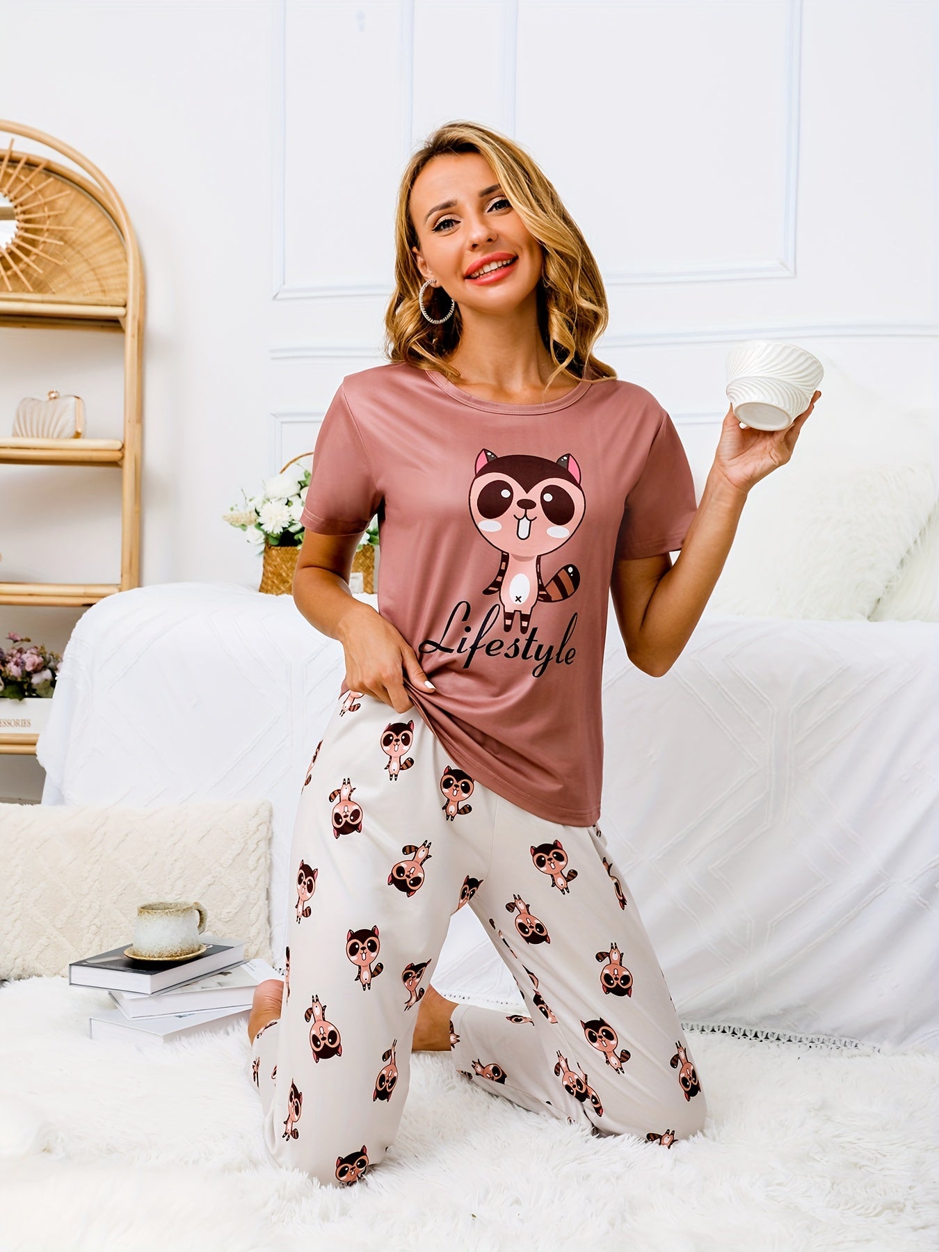Cartoon Animal Print Pajama Set Short Sleeve Top & Shorts
