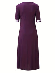 Plaid Print Splicing Dress Casual Crew Neck Short Sleeve Summer Asymmetrical Dre