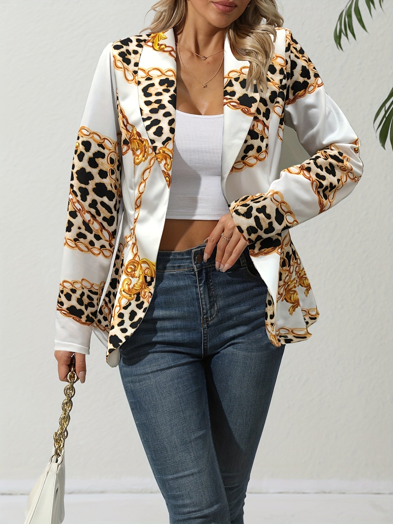 Geo Print Open Front Blazer Vintage Lapel Long Sleeve Blazer