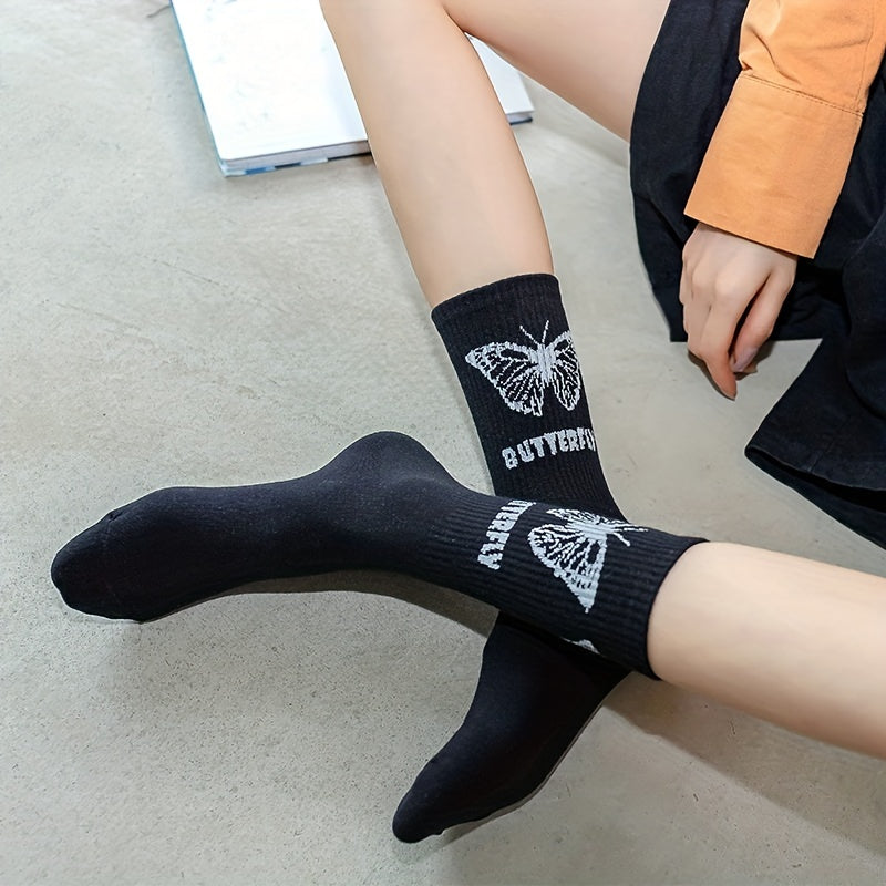 6 Pairs Butterfly Print Mid Tube Socks for Women