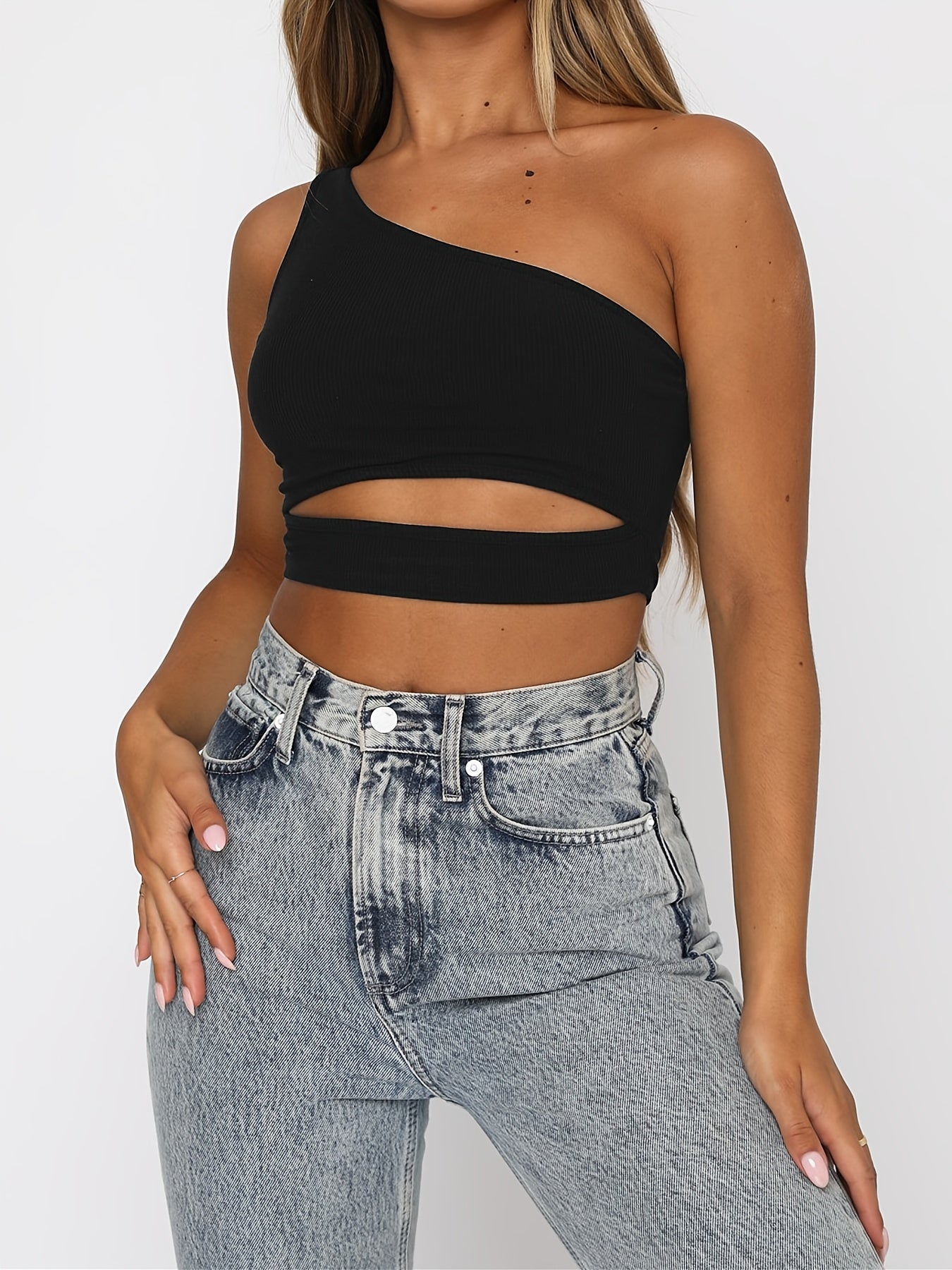 One Shoulder Sleeveless Crop Top Casual Women's Clothing
