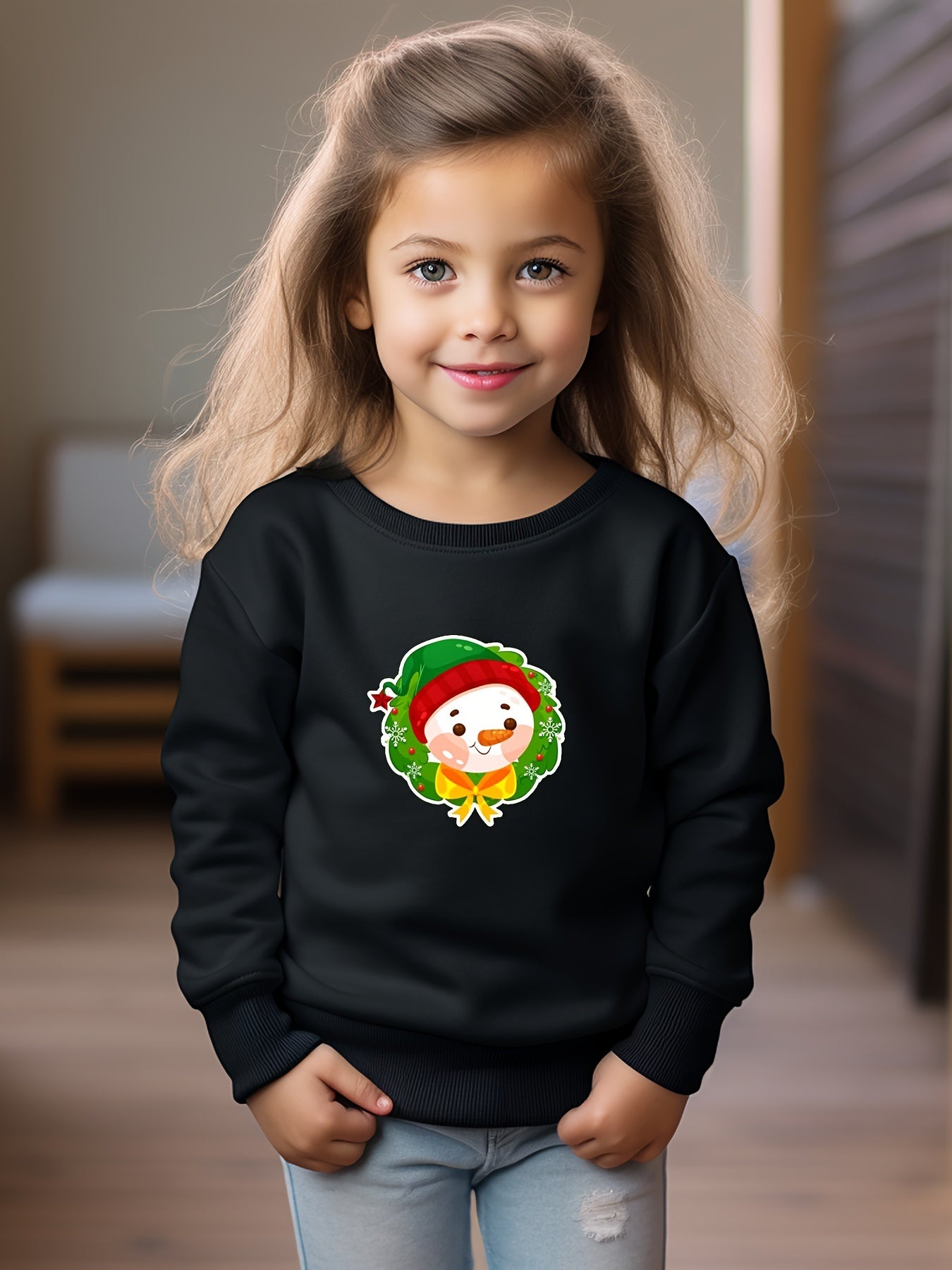 Cartoon Snowman Print Long Sleeve Sweatshirt Girls Pullover