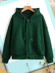 Solid Zip Up Hoodie With Pocket Drawstring Long Sleeves Active Hooded Sweatshirt