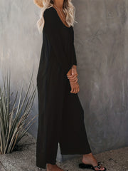 Casual Jumpsuit Solid Long Sleeve Wide Leg Jumpsuit With Pockets