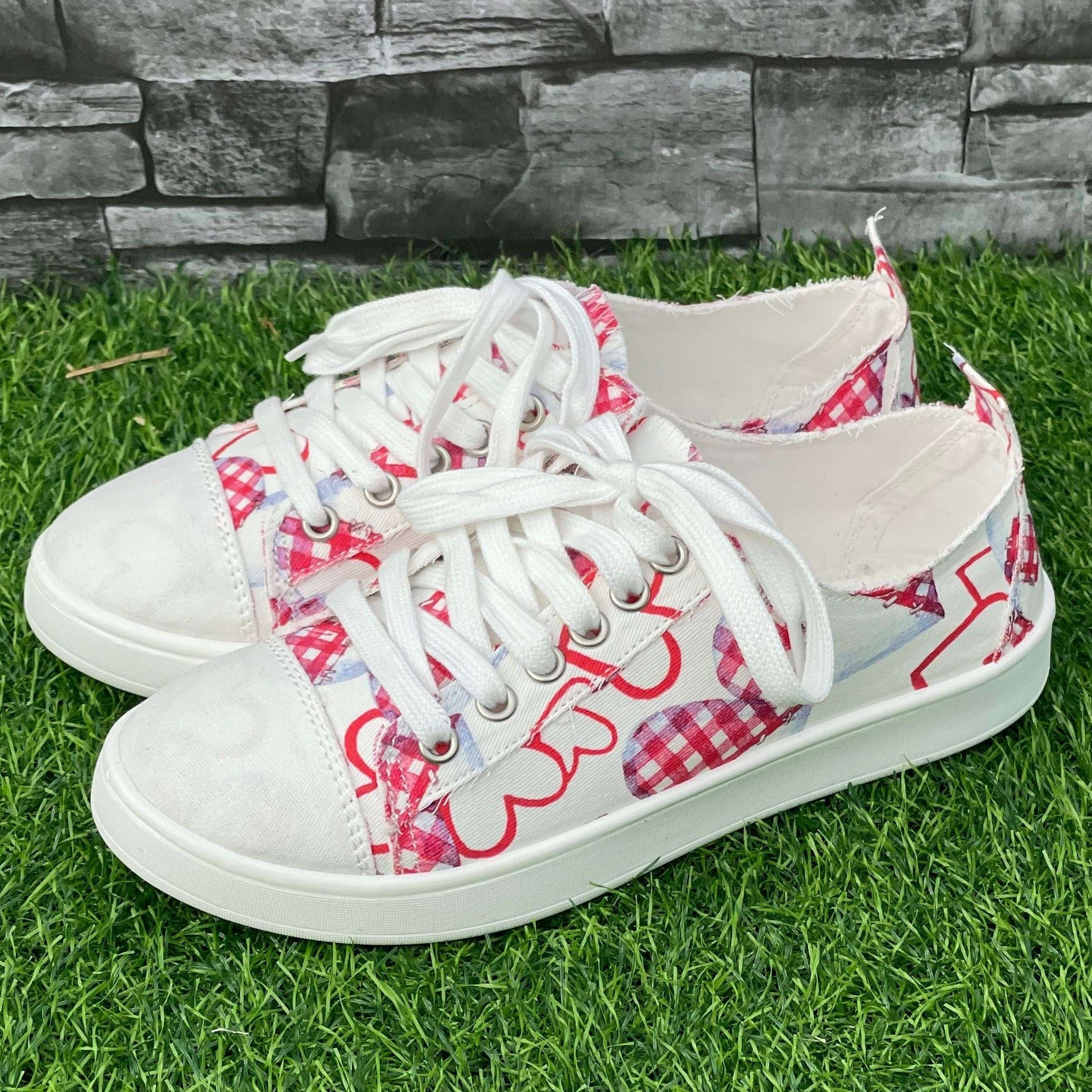 Pink Plaid Love Heart Pattern Flat Shoes Women's Casual Shoes