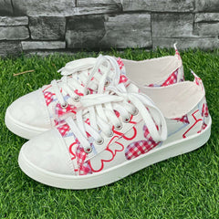 Pink Plaid Love Heart Pattern Flat Shoes Women's Casual Shoes