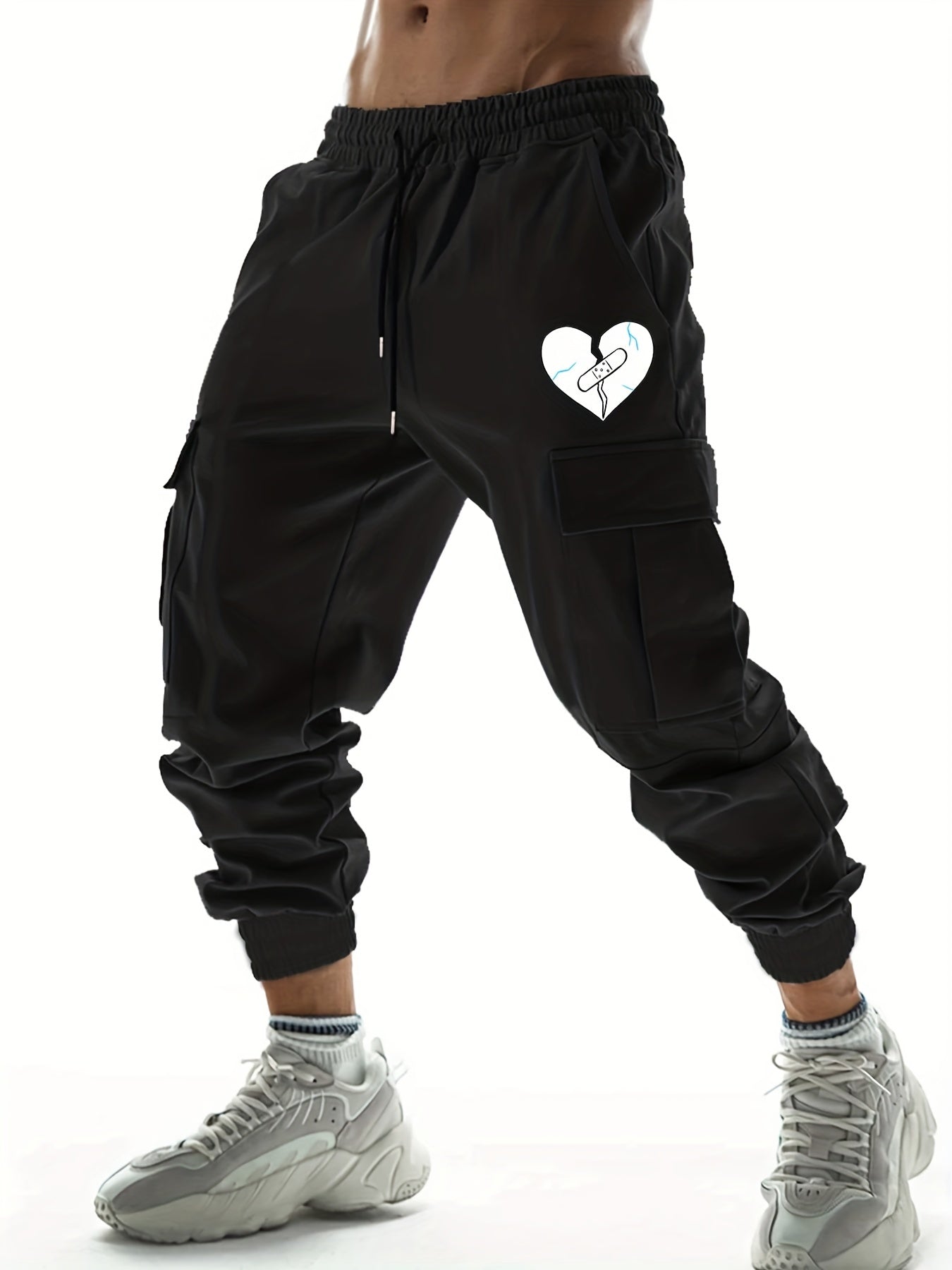 Broken Heart Print Men's Cargo Pants With Flap Pockets