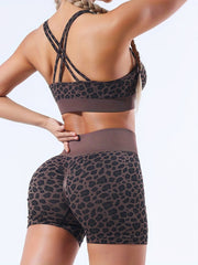 Leopard Print Yoga Set Criss Cross Sports Bra High Waist Shorts Activewear
