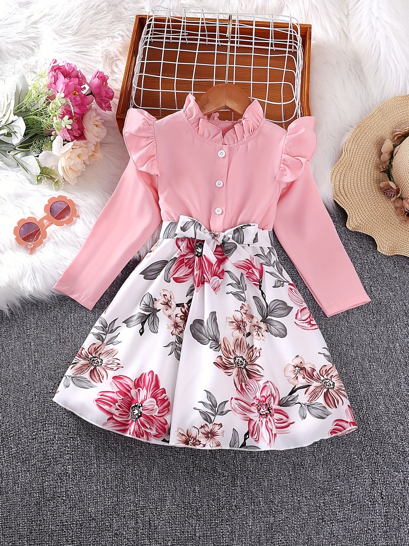 Girls' Ruffle Collar Button Front Floral Tunic Dress