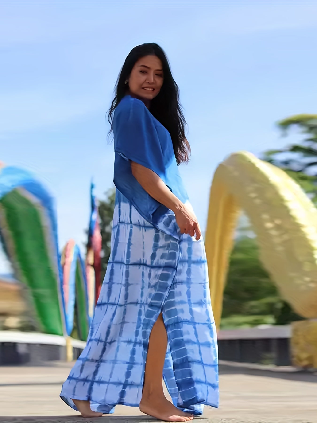 Colorblock Tie Dye Print V Neck Cover Up Dress