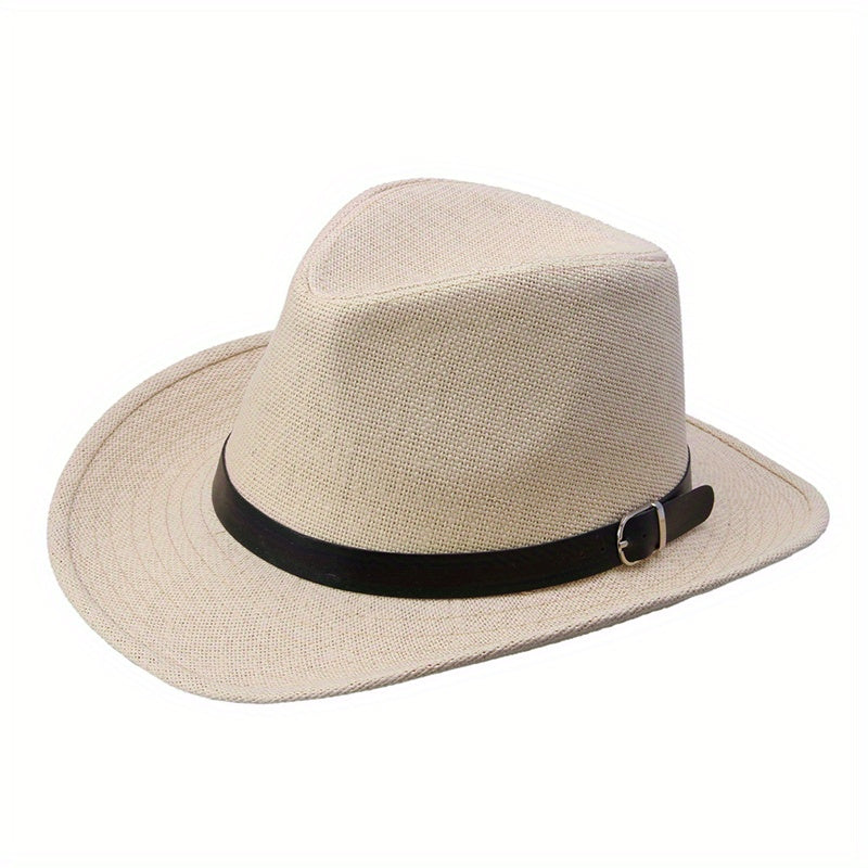 Western Cowboy Straw Fedora Belt Decor Wide Brim Sun Hat
