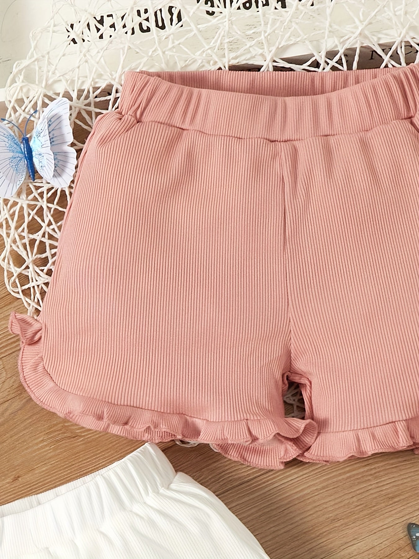 Girls Frill Edge Ribbed Casual Shorts Elastic Waist Slim Fit for Summer