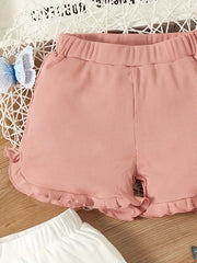 Girls Frill Edge Ribbed Casual Shorts Elastic Waist Slim Fit for Summer