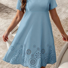 Casual Dress Women's Plus Solid Laser Cut Short Sleeve V Neck Dress