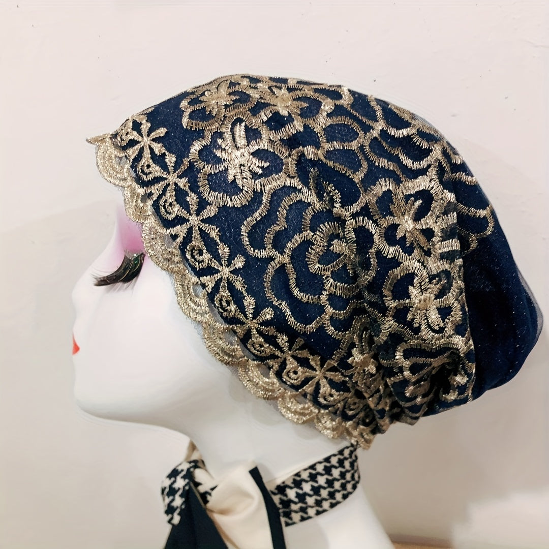 Vintage Embroidered Lace Turban Cap Double Layer Head Wrap