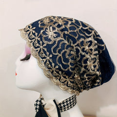 Vintage Embroidered Lace Turban Cap Double Layer Head Wrap