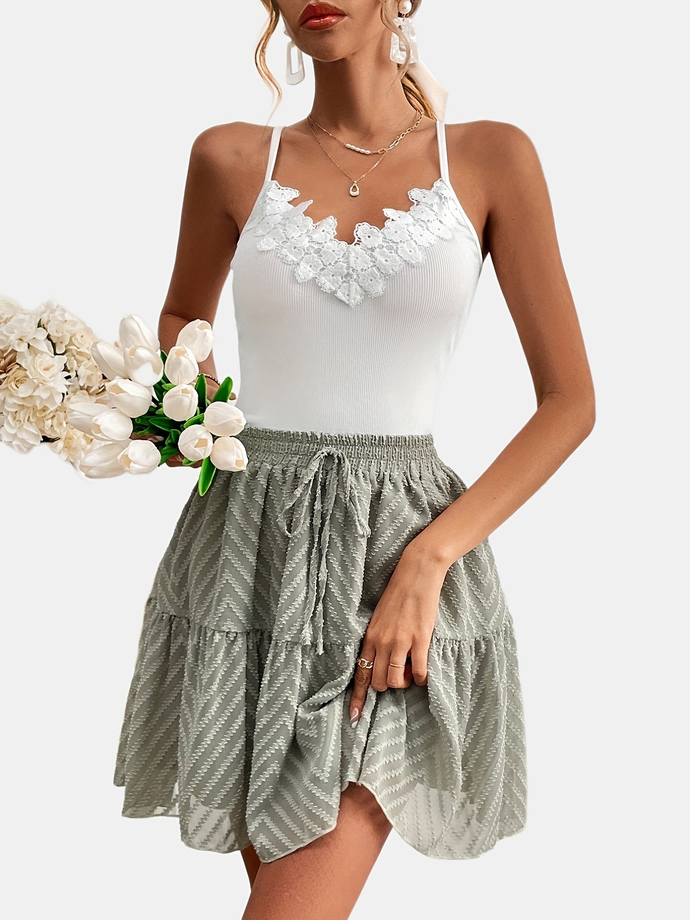 Lace Sleeveless Cami Top & Drawstring Waist Skirts Set Women's Clothing