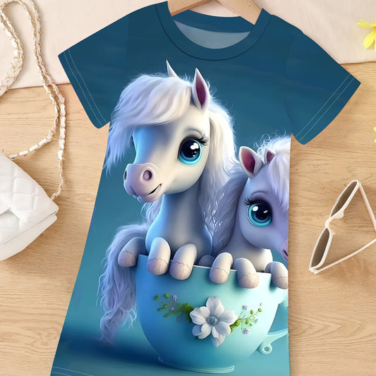 3D Pony Graphic Short Sleeve Dress Girls Summer Clothes