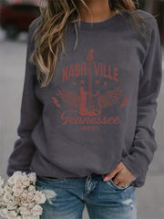 Nashville Print Sweatshirt Long Sleeve Crew Neck Casual Women's Clothing