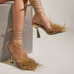 Women's Feather Strappy High Heels Square Open Toe Sandals