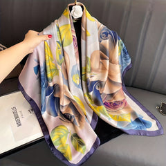 Vintage Flower Print Satin Shawl Square Scarf