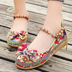 Tribal Style Beading Flat Shoes Retro Floral Print Bowknot Walking Shoes