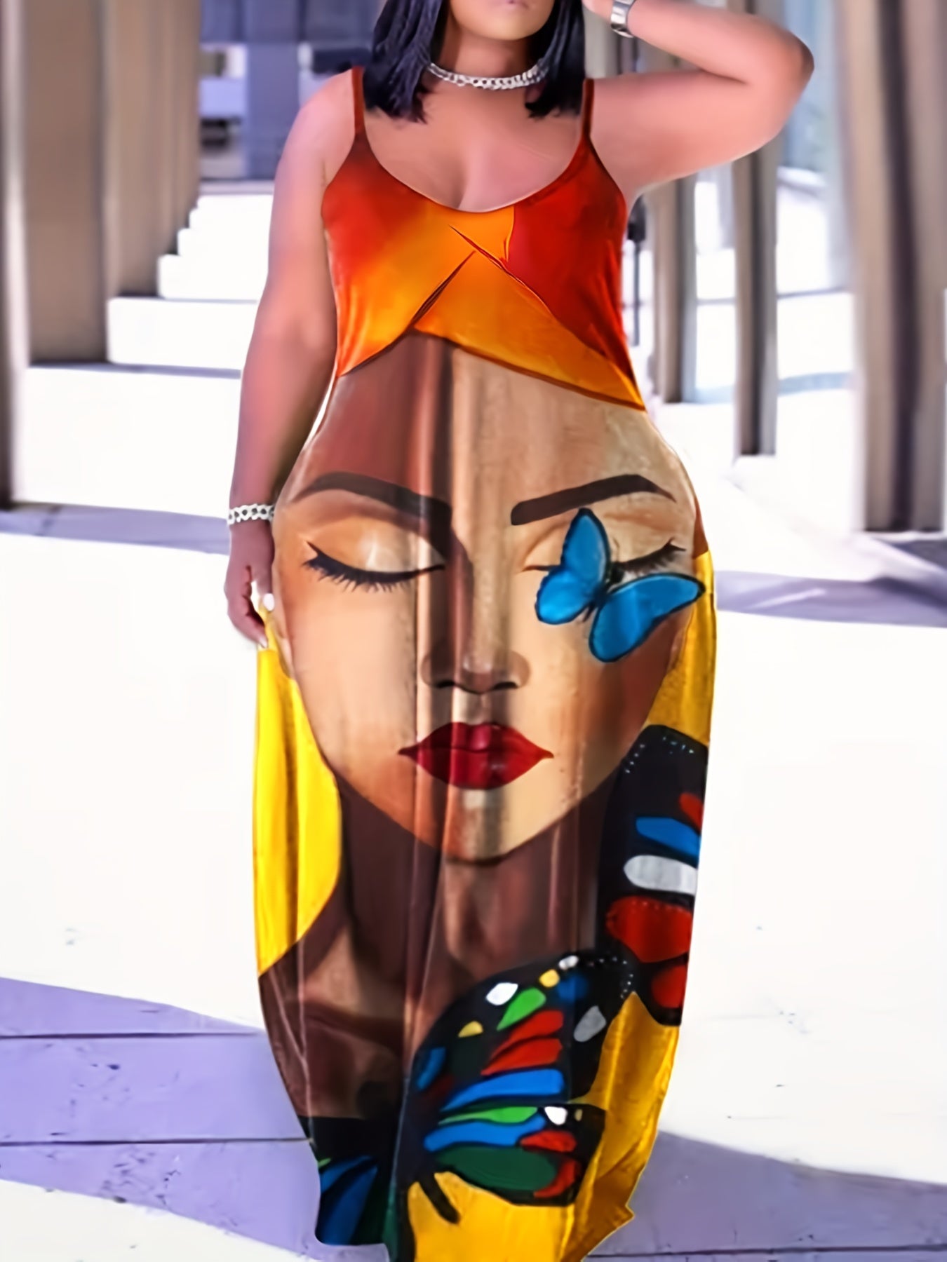 Colorblock Abstract Figure Butterfly Print Maxi Dress