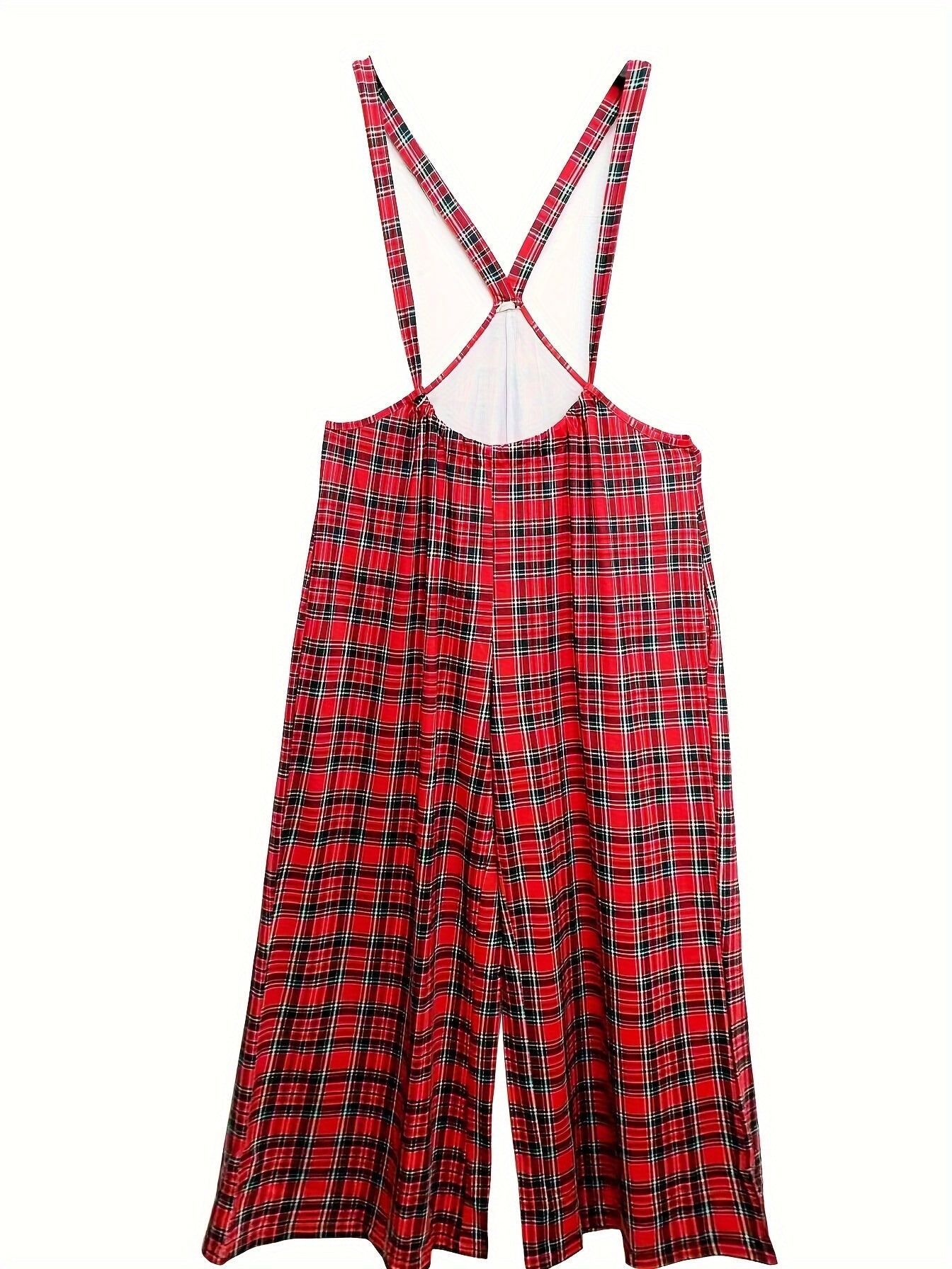 Plaid Print Wide Leg Overalls With Pockets