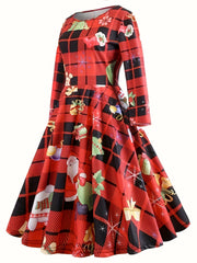 Christmas Dress Women's Plus Plaid Snowman Print Long Sleeve Round Nec
