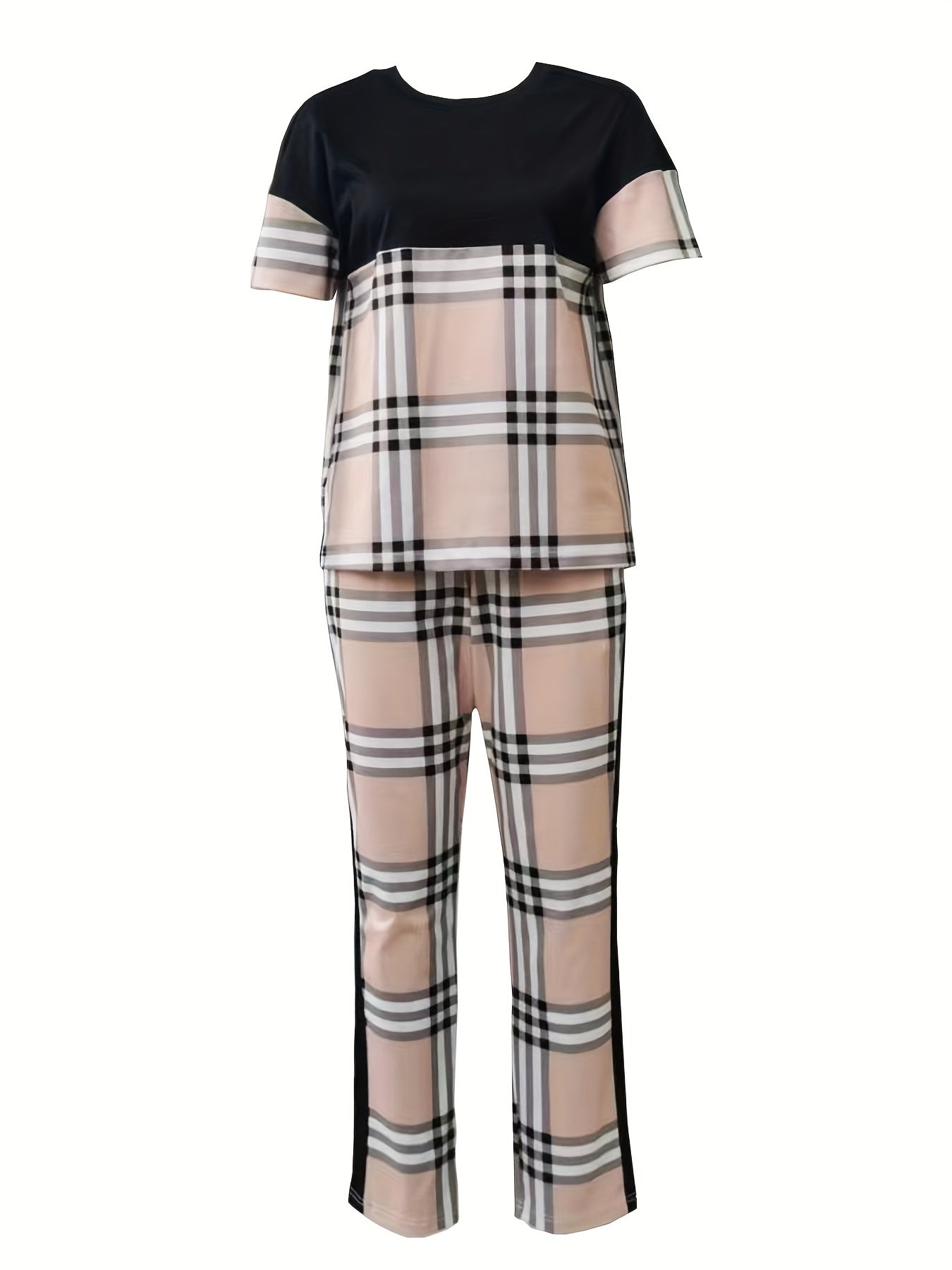 Plaid Print Casual Two piece Set Crew Neck Short Sleeve Tee & Long Length Pants