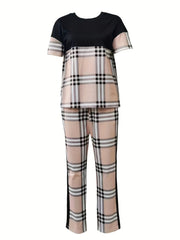 Plaid Print Casual Two piece Set Crew Neck Short Sleeve Tee & Long Length Pants
