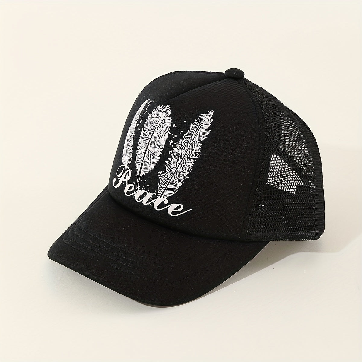 Peach Feather Print Trucker Hat Mesh Breathable Baseball Cap