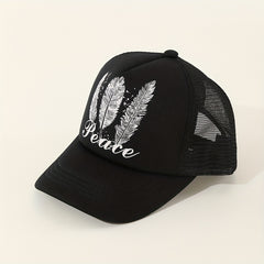 Peach Feather Print Trucker Hat Mesh Breathable Baseball Cap