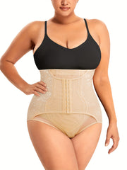 Plus Floral Jacquard Buckle Semi Sheer Tummy Control Shapewear