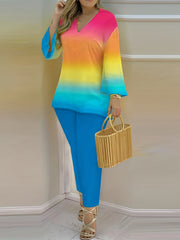 Graphic Print Casual Two Piece Set V Neck Flared Sleeve Tops & Pants