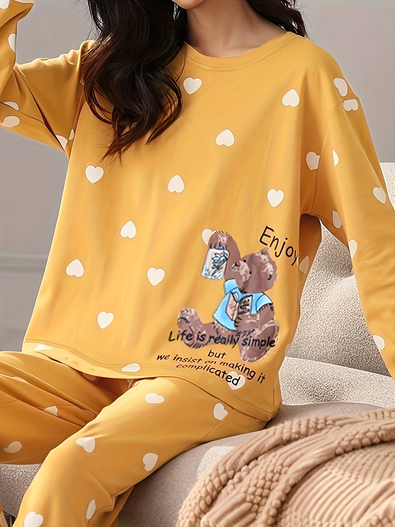 Bear & Heart Print Pajama Set Long Sleeve Top & Pant