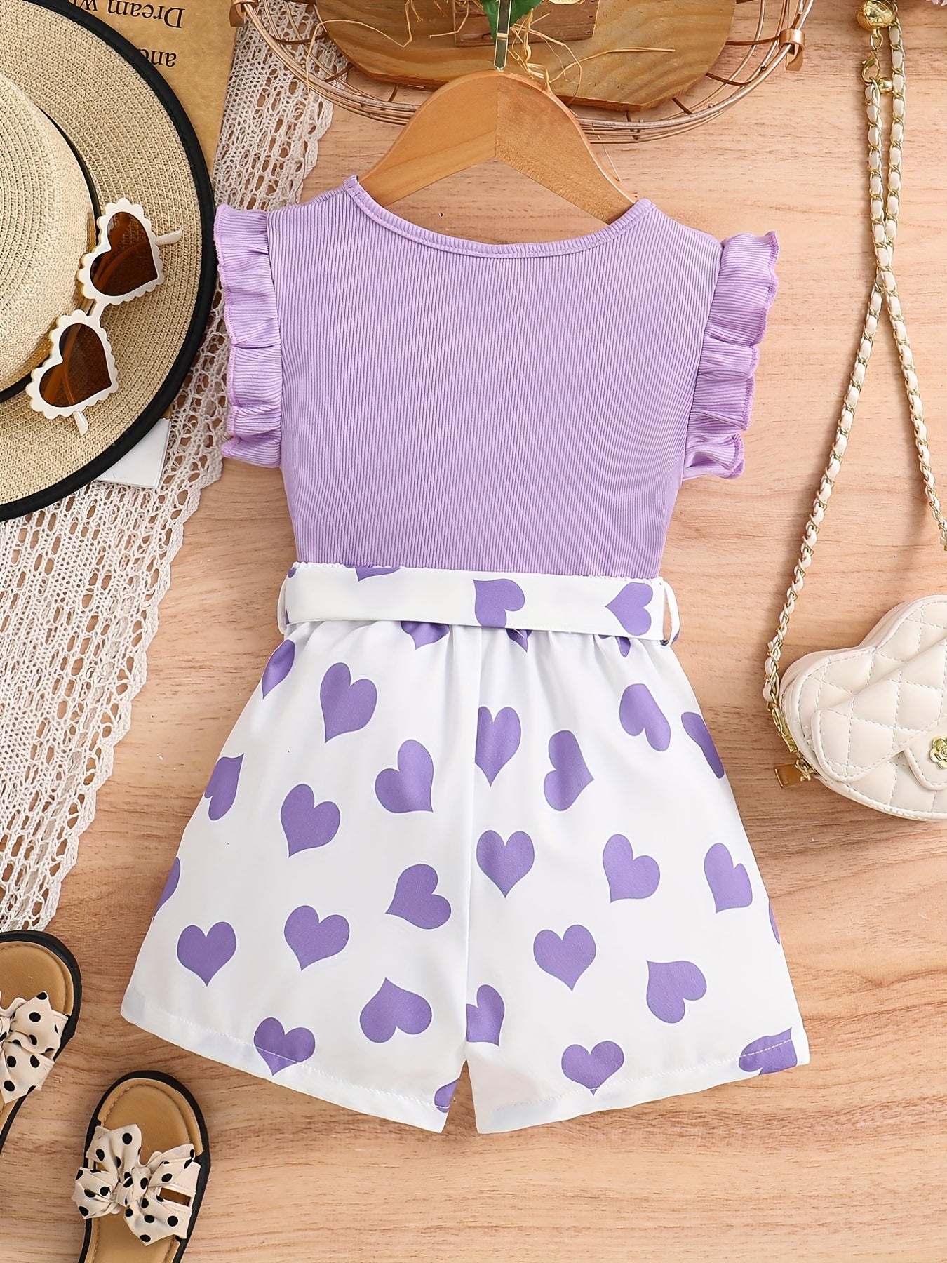 Girls Ruffle Trim Top & Heart Graphic Shorts Set