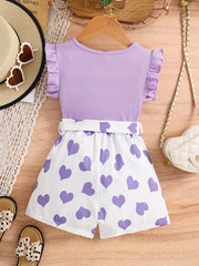Girls Ruffle Trim Top & Heart Graphic Shorts Set
