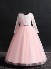 Girls Lace Long Sleeve Dress Wedding Princess Party Dress