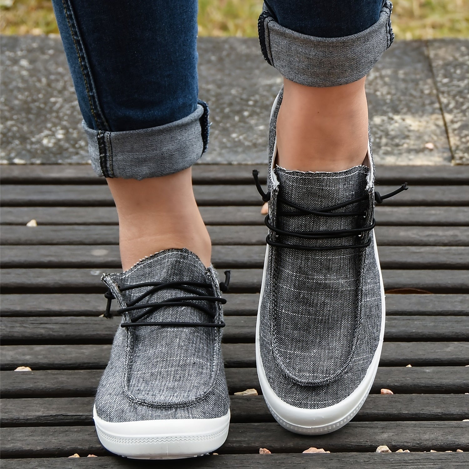 Women's Deep Grey Flat Lace Up Walking Shoes Comfortable Slip On Canvas Sneakers