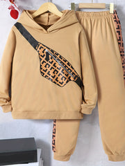 Boys 2pcs Hoodie & Pants Crossbody Bag Print Sweatshirt Casual Kids Clothes