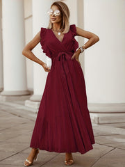 Ruffle Trim Pleated Dress Solid Surplice Neck Maxi Dress Women's Clothing