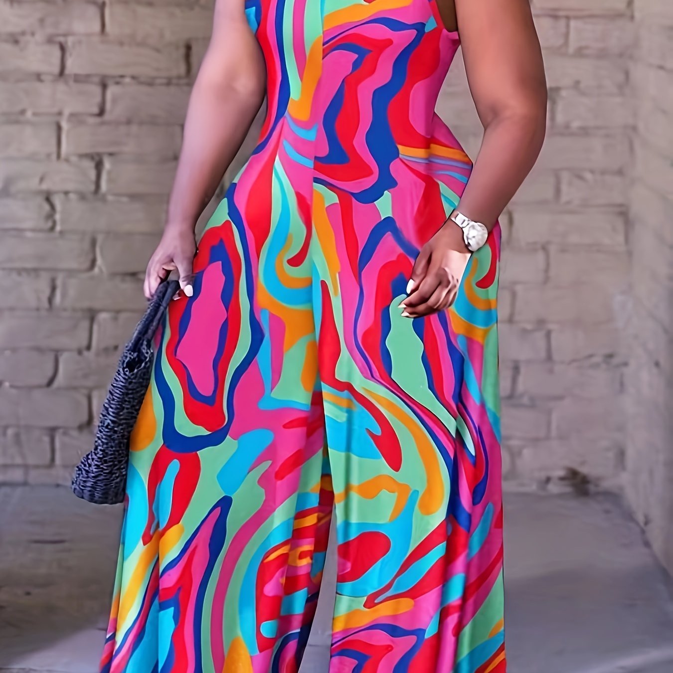 Abstract Print V Neck Wide Leg Cami Jumpsuit