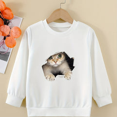 Cute Kitty Graphic Sweatshirt for Girls Round Neck Casual Pullover Tops