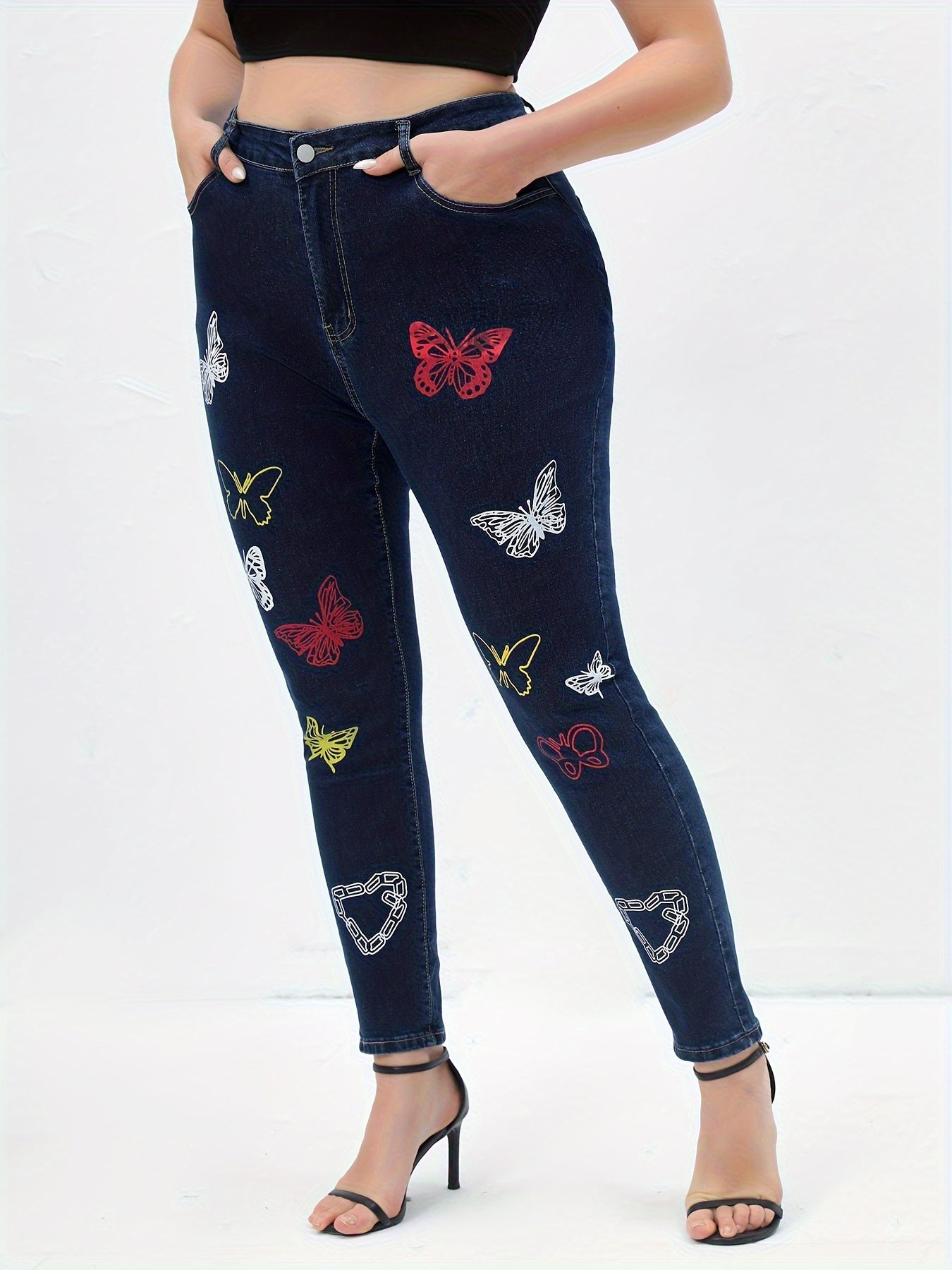 Butterfly Print High Rise Skinny Jeans