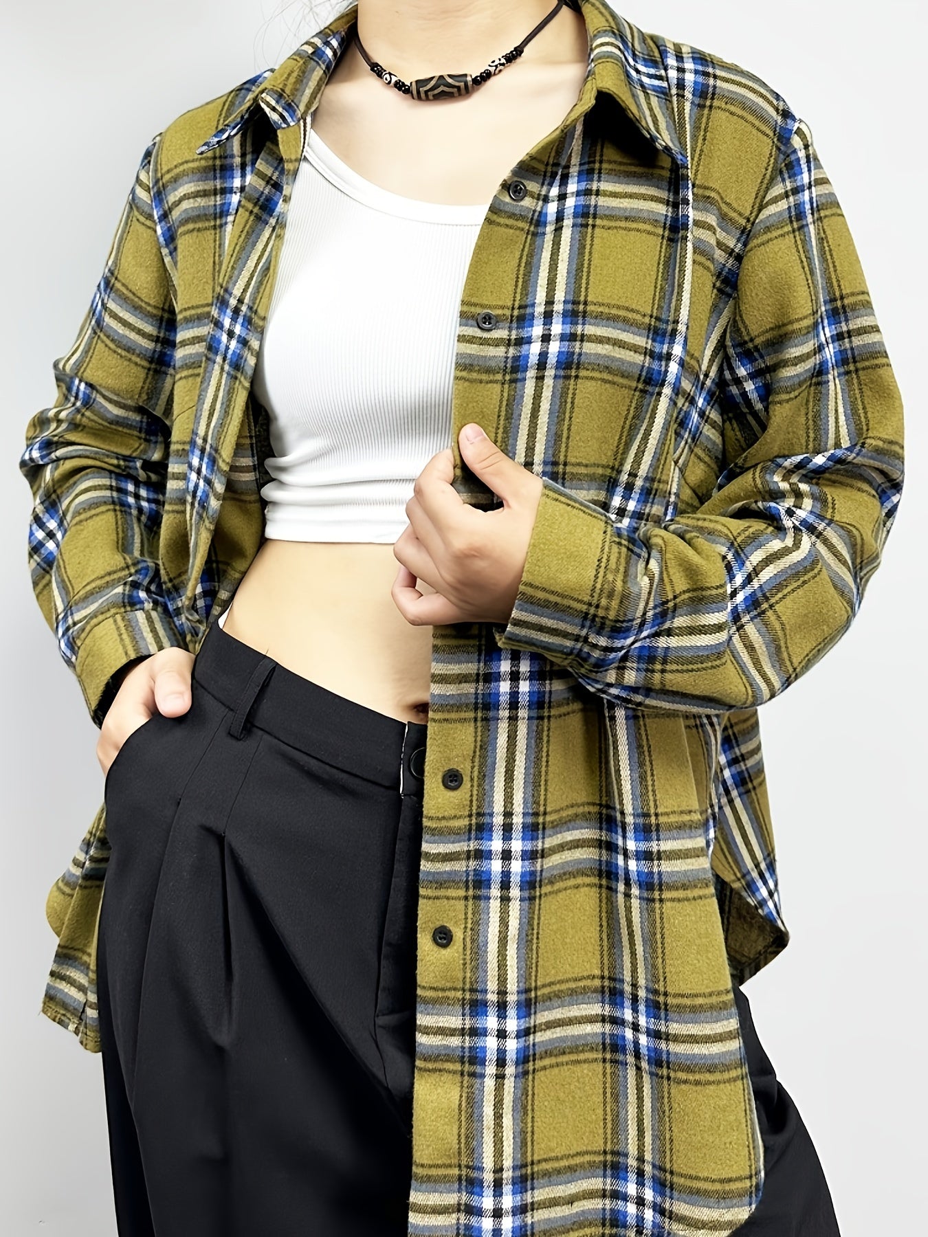 Plaid Print Side Split Long Sleeve Button Up Tunic Shirt Top