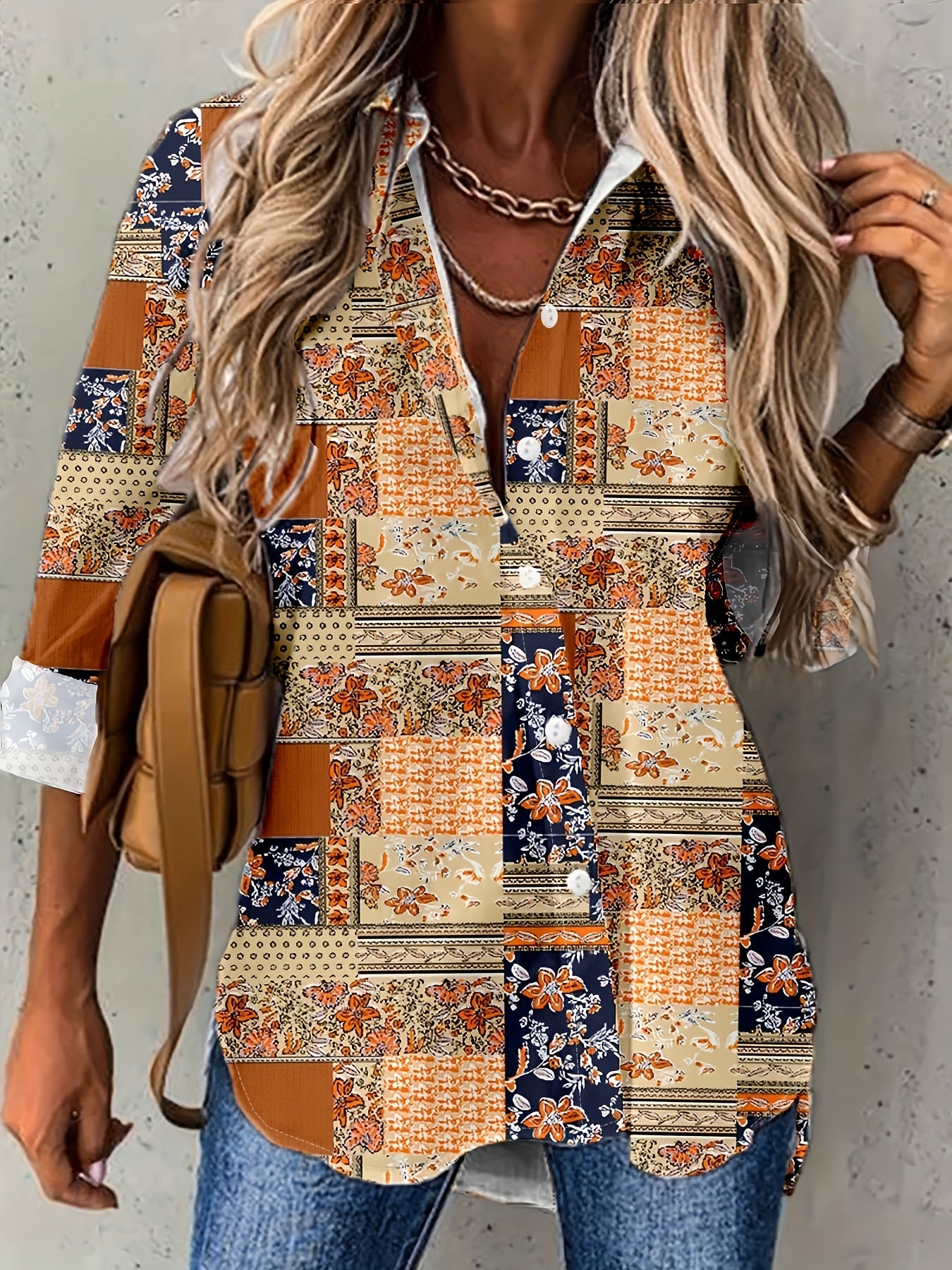 Boho Patchwork Print Button Up Blouse